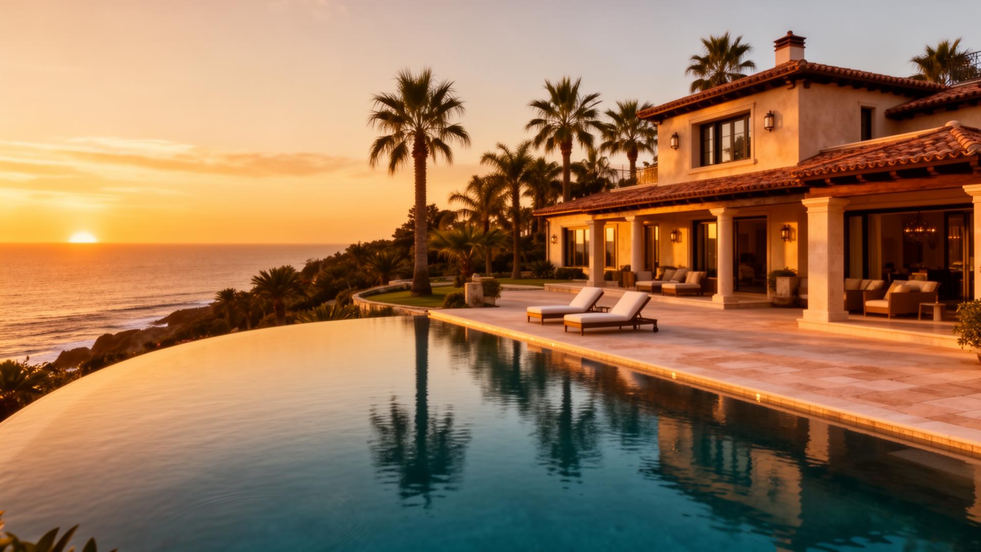 Luxury villa with infinity pool overlooking the sea at golden hour